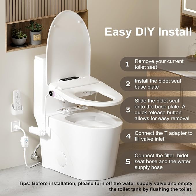 LOUPUSUO Electric Bidet Toilet Seat with Instant Warm Water Elongated | Heated Toilet Seat with Soft Closed Lid,Multiple Cleaning Modes,Warm Air Dryer,Soft Closed Lid, Saved User Settings