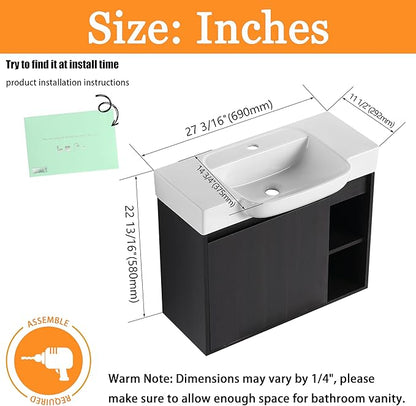 28" Wall-Mounted Bathroom Vanity with Ceramic Sink, 28 inch Floating Single Sink Vanity Cabinet Modern Brown 1-Door Design with Storage Shelf (Space-Saving for Small Bathrooms), Black