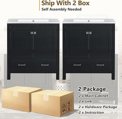 60" Black Bathroom Vanity with Double Sink, 60 Inch Bathroom Vanity Set with Double Vanities (Separate), 2 Bathroom Vanities with Sink, Storage Shelf, and Divided Drawers (Mirror not included)