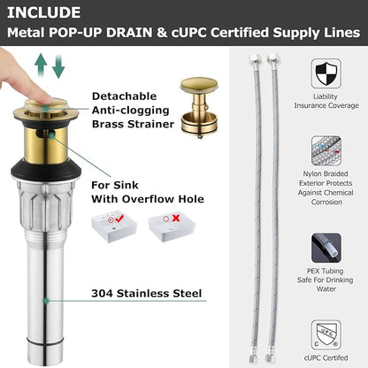 Brushed Gold Bathroom Faucet 4 Inch Centerset for Lavatory Sink | Mid Arc, 2 Handle Lead-Free RV Bathroom Faucet with Metal Pop Up Drain Supply Lines, for 2 or 3 Hole Lavatory Utility Sink