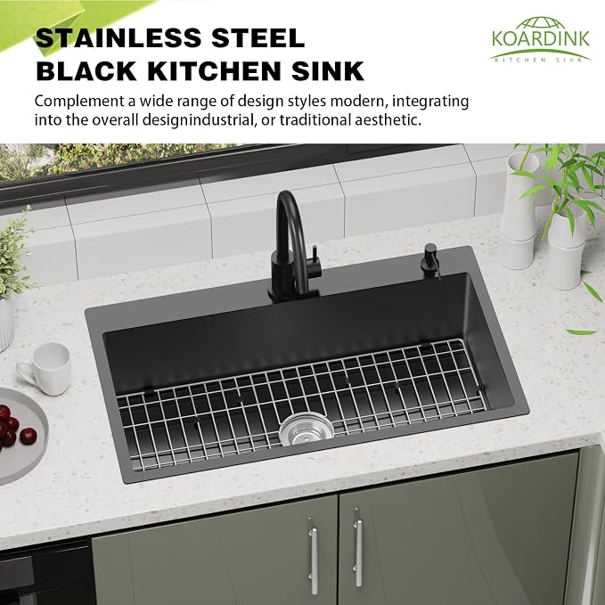 Black 33x19In Drop In Kitchen Sink, Stainless Steel, Single Bowl | Modern Topmount Kitchen Sink Combo, Include SS Grid,Silicon Mat,Drain Strainer Set, Compatibility With Various Kitchen