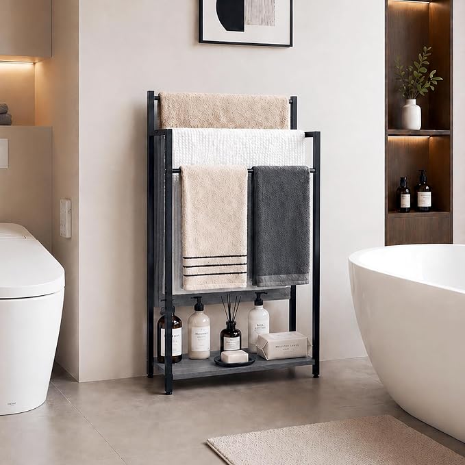 16.9" W Freestanding Towel Rack with Oak Grey Wood Shelf | 3 Tier Blanket Ladder Stand for Bathroom Living Room, Metal Frame,31.5"H x 16.9"W x7.9"D
