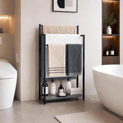 16.9" W Freestanding Towel Rack with Oak Grey Wood Shelf | 3 Tier Blanket Ladder Stand for Bathroom Living Room, Metal Frame,31.5"H x 16.9"W x7.9"D