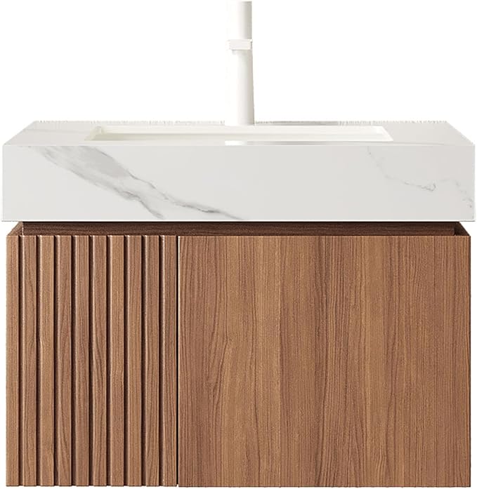 KEIKI 24 Inch Floating Bathroom Vanity with Sink, Brown Oak & White | Modern Wall Mounted Storage Cabinet with 2 Doors, Pre-assembled Wood Panels, Sintered Stone Top & Ceramic Basin Combo Set