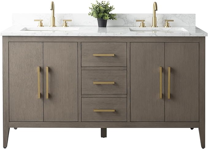 Vanity Art 60 inch Bathroom Vanity with Double Sink & Ceramic Top, Vanity Cabinet with Soft-Closing Doors, Drawers, Solid Wood Frame, Driftwood Gray, VA9060-DDG-GB1