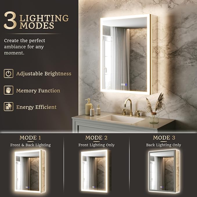 24x32 Lighted Medicine Cabinet, Separate Front & Back Lights | Surface/Recessed LED Medicine Cabinet for Bathroom with Side Mirrors, Dimmable Light, Anti-Fog, Memory,Silver Aluminum Frame