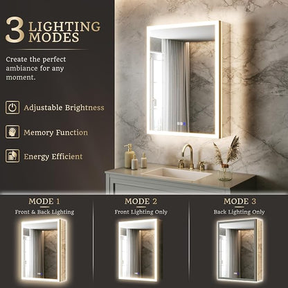 24x32 Lighted Medicine Cabinet, Separate Front & Back Lights | Surface/Recessed LED Medicine Cabinet for Bathroom with Side Mirrors, Dimmable Light, Anti-Fog, Memory,Silver Aluminum Frame