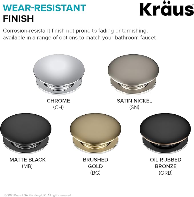KRAUS Bathroom Sink Pop-Up Drain Assembly in Chrome for Vessel Sinks and Sinks without Overflow, with Extended Thread for Thicker Countertops, PU-L10CH