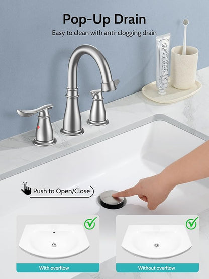 Bathroom Faucets for Sink 3 Hole, 4 Inch Brushed Nickel Faucet Bathroom with 2 Hot/Cold Handles, Pop-Up Drain, Lead-Free, No-Leak, RV Sink Faucet for Bath, Camper