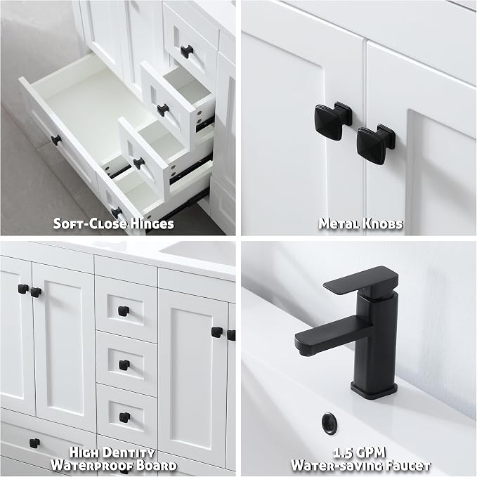 LUCKWIND 48" Bathroom Vanity and Sink Combos, Modern Bathroom Storage Painted Cabinet with Undercounter Resin Dual Sink Top, Matte Black Faucet and 6 Drawers, Mirror Not Included, White
