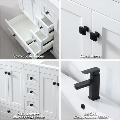 LUCKWIND 48" Bathroom Vanity and Sink Combos, Modern Bathroom Storage Painted Cabinet with Undercounter Resin Dual Sink Top, Matte Black Faucet and 6 Drawers, Mirror Not Included, White