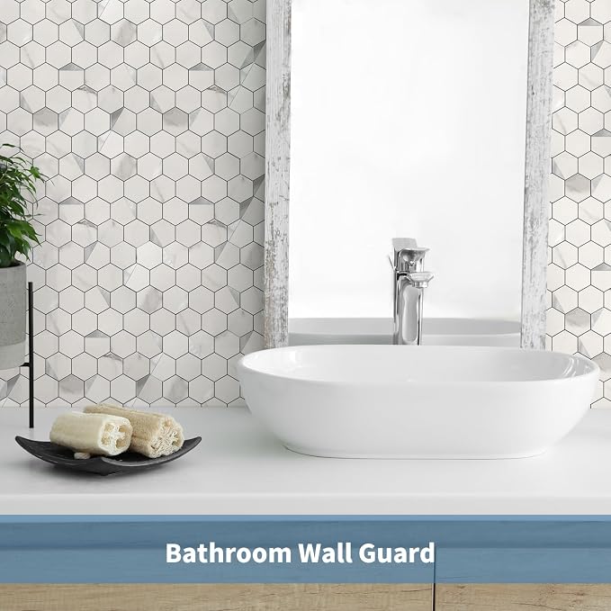 Hexagon Peel and Stick Backsplash for Kitchen Wall,20 Sheets Heat Resistant Stick on Backsplash PVC Tiles, 12'' Gray White Marble Waterproof Peel and Stick Tile for Bathroom