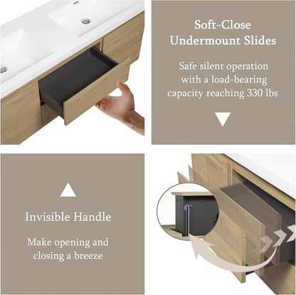 60 Inch Floating Bathroom Vanity with Double Sinks | Storage Cabinet with Sink Natural Oak Wall Mounted Cabinet, Solid Surface Top, 4 Soft Close Drawers, Fully Assembled