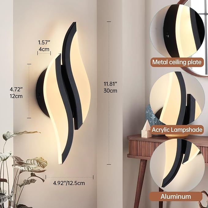CANEOE Modern LED Wall Sconce 3000K Black Indoor Wall Light Fixtures Acrylic Wall Sconce Lighting for Living Room Bedroom Bedside Bathroom Hallway Stairway Wall Lamp (Black, 1 Pack, 3000K)