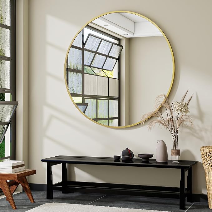 Large Gold Round Bathroom Mirror 48" with Thin Metal Frame | Circle Wall Mounted Mirror Hanging or Leaning Decor for Hallway, Entryway, Fireplace Mantel, Living Room