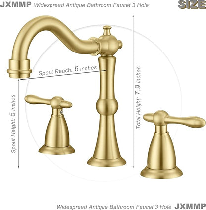 Antique Brushed Gold Bathroom Faucet 3 Hole, Widespread Bathroom Sink Faucet with Pop Up Drain and cUPC Supply Hose, Modern 2 Handle Vanity Faucet Gold JXM3073BG