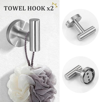 TURS Brushed Steel Towel Ring Toilet Paper Holder Towel Hooks 4-Pieces Bathroom Towel Holder Set SUS304 Stainless Steel Bathroom Accessories Kit Wall Mounted
