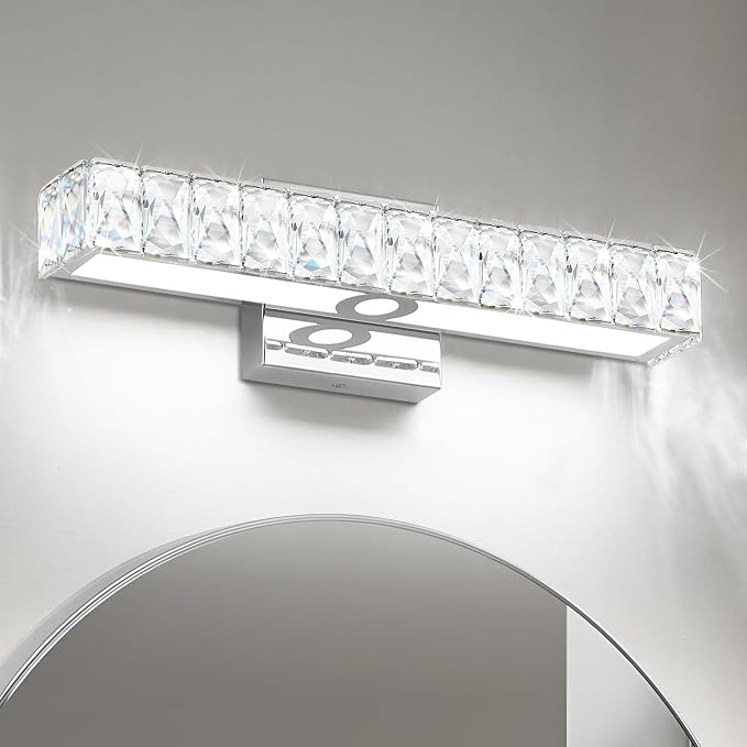 SOLFART Crystal Bathroom Vanity Lights Over Mirror, Chrome Bathroom Light Fixture, 16.5 Inch LED Lights for Bathrooms Vanity Lights for Bath Chrome