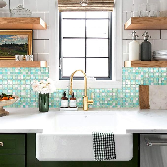 HyFanStr Peel and Stick Backsplash 3D Mosaic Tile Stickers Wall Sticker Home Decor for Kitchen Bathroom Pack of 4 (9.29"x9.29", Light Green)