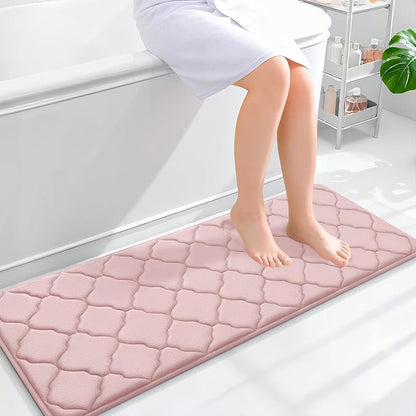 OLANLY Memory Foam Bath Mat Rug 47x17, Ultra Soft and Absorbent Bathroom Rugs, Non-Slip, Comfortable, Machine Washable Bath Carpet for Bathroom Floor, Tub, Shower and Home Decor Accessories, Pink