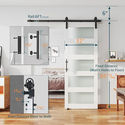 32'' x 84'' Glass Barn Door and 6Ft Hardware Kit Included White | MDF White Barn Door Slab with Frosted Glass, PVC Surface, Combined with Handle and Floor Guide-Assembly Required
