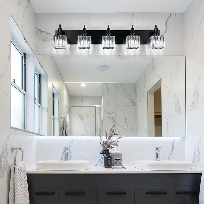 Black Crystal Bathroom Vanity Light 5-Light Modern Bathroom Lighting Fixtures Over Mirror Wall Light Fixtures