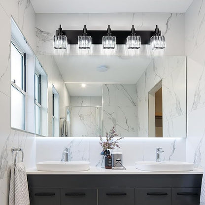 Black Crystal Bathroom Vanity Light 5-Light Modern Bathroom Lighting Fixtures Over Mirror Wall Light Fixtures