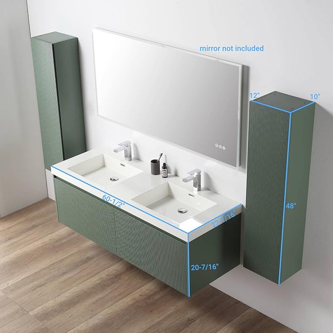 Blossom 60 Inch Double Sink Bathroom Vanity with Side Cabinets, All Wood Wall Mounted Floating Bathroom Vanity Cabinet with Acrylic Sinks, Soft-Close Drawers, Bathroom Vanities, Aventurine Green