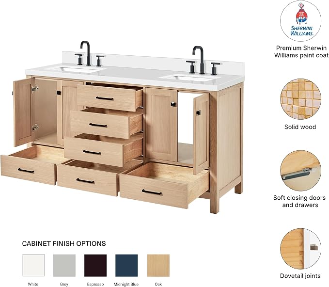 Beckford 66-Inch Oak Double Bathroom Vanity with Sink, Pure White Quartz Countertop & 4" Backsplash, Soft Closing Doors & Drawers, Matte Black Hardware