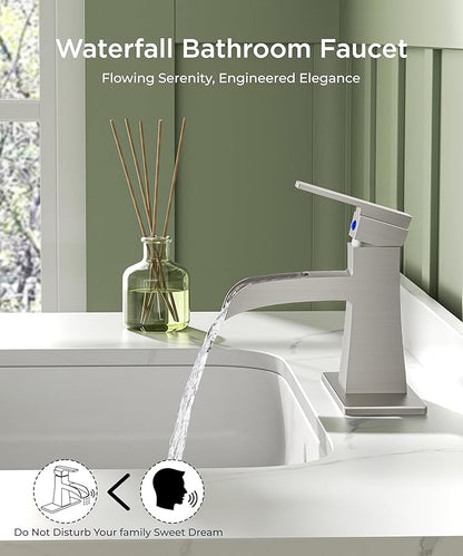 FORIOUS Brushed Nickel Bathroom Faucet 1 or 3 Holes, Vanity Faucet Single Handle with Pop-Up Drain and Water Supplies for Commercial, Lavatory, Restroom, Farmhouse