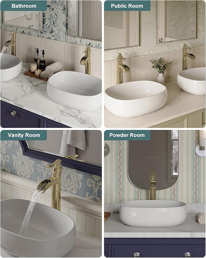 BWE Waterfall Vessel Sink Faucet Brushed Gold Bathroom Faucet 1 Hole | Single Handle Tall Bathroom Faucets with Pop Up Drain Assembly and Supply Lines Lavatory Vanity Bath Mixer Tap