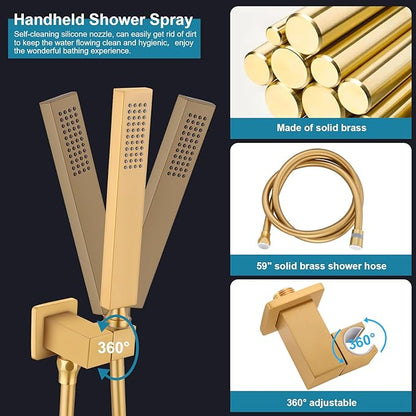 Brushed Gold Shower Faucet Set, Bathroom Rainfall Shower System Fixture 10 Inch High Pressure Square Rain Shower Head with Handheld Sprayer Combo Wall Mount with cUPC Certified Rough-in Valve