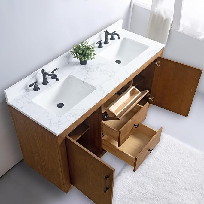 Vanity Art 60 inch Double Sink Bathroom Vanity, Solid Poplar Wood, Vanity Cabinet with Doors and Shelf, Modern Wood Bathroom Vanity with White Marble Top, 3 Functioning Drawers, VA70-60-DT-E
