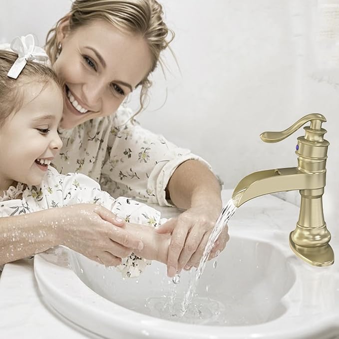 Bathroom Sink Faucet Waterfall Brushed Gold Single Handle | Pop Up Drain,Easy to Clean,Stable Installation,Suitable for bathrooms, balconies and laundry room,Elegant Minimalist Style
