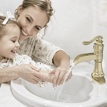 Bathroom Sink Faucet Waterfall Brushed Gold Single Handle | Pop Up Drain,Easy to Clean,Stable Installation,Suitable for bathrooms, balconies and laundry room,Elegant Minimalist Style