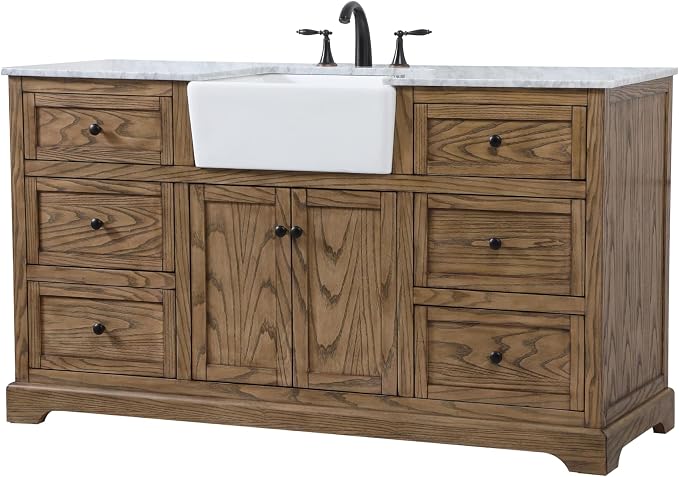 60" Pre-Assembled Bathroom Vanity with Sink, Solid Birch and MDF, Carrara White Marble Countertop Attached, Single Rectangle Porcelain Sink, 6 Soft-Close Drawers, Driftwood