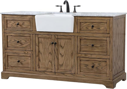 60" Pre-Assembled Bathroom Vanity with Sink, Solid Birch and MDF, Carrara White Marble Countertop Attached, Single Rectangle Porcelain Sink, 6 Soft-Close Drawers, Driftwood