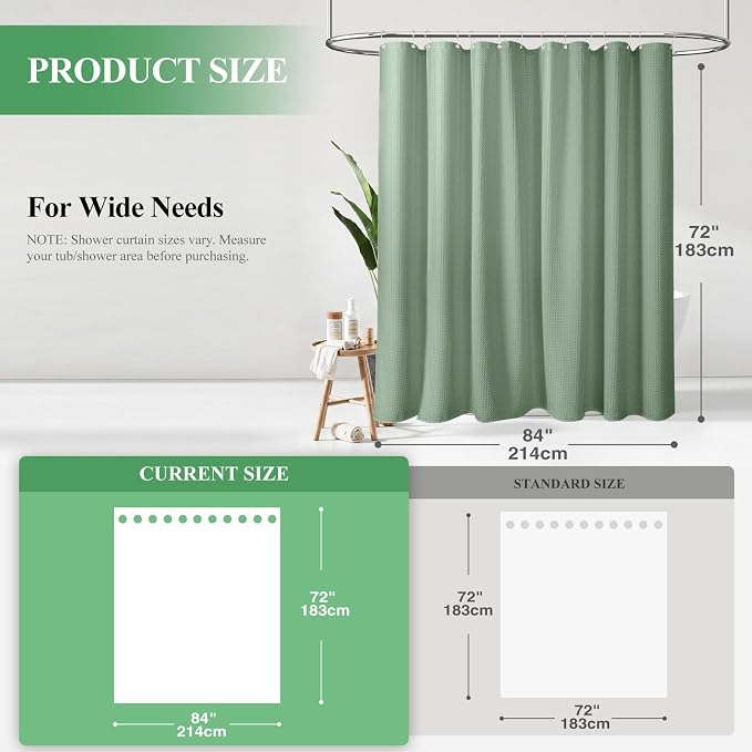 Extra Wide Waffle Shower Curtain 256 GSM Fabric 84x72 Sage Green | 84 Inch Wide, Thick Cloth, Weighted Hem, Water Repellent, Hotel Luxury Polyester Shower Curtain Set for Bathroom 14 Hooks