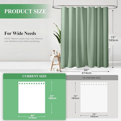 Extra Wide Waffle Shower Curtain 256 GSM Fabric 84x72 Sage Green | 84 Inch Wide, Thick Cloth, Weighted Hem, Water Repellent, Hotel Luxury Polyester Shower Curtain Set for Bathroom 14 Hooks