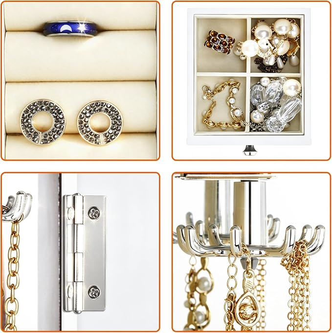 RR ROUND RICH DESIGN Vintage Jewelry Armoire with Mirror White | Solid Wood Jewelry Box Organizer with 5 Drawers & 2 Glass Doors - Large Capacity Desktop Dresser Case