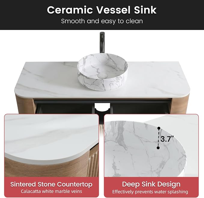 48" Floating Bathroom Vanity with Carrara Finish Sink, Honey Oak | Pre-Assembled Fluted Wall Mounted Vanity with Ceramic Vessel Sink, Rounded Edges, Soft-Close Drawer & Towel Rack