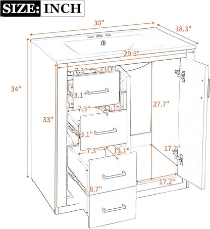 Merax Herringbone Single Sink Bathroom Vanity, Freestanding 30" Modern Bathroom Vanity Storage Cabinet with 3 Drawers and 2 Doors, Solid Wood Frame