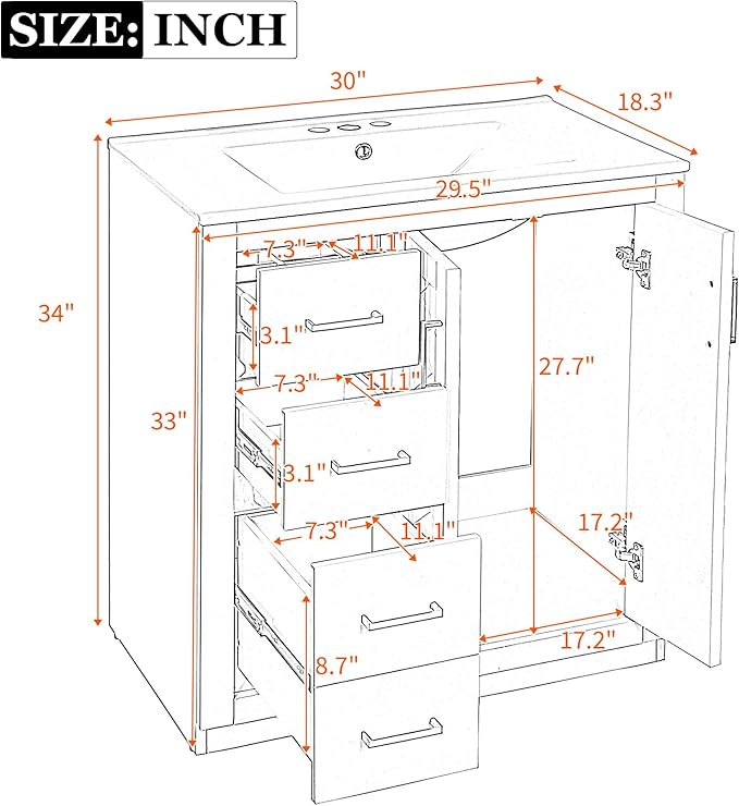 Merax Herringbone Single Sink Bathroom Vanity, Freestanding 30" Modern Bathroom Vanity Storage Cabinet with 3 Drawers and 2 Doors, Solid Wood Frame