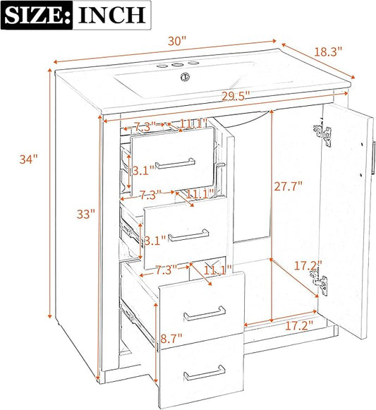 Merax Herringbone Single Sink Bathroom Vanity, Freestanding 30" Modern Bathroom Vanity Storage Cabinet with 3 Drawers and 2 Doors, Solid Wood Frame