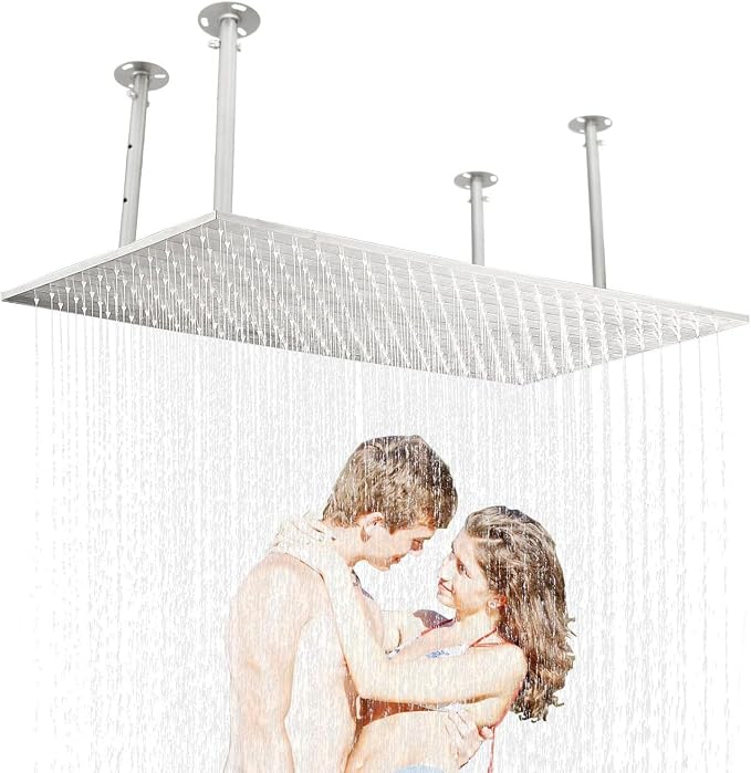 16" x 32" Luxury High Pressure Rain Shower Head, Ceiling Mount Rectangle Rainfall Showerhead with Silicone Nozzles Full Body Fixed Showerheads For Modern Bathroom, Brushed Nickel Plated Finish