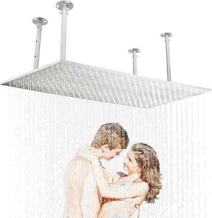 16" x 32" Luxury High Pressure Rain Shower Head, Ceiling Mount Rectangle Rainfall Showerhead with Silicone Nozzles Full Body Fixed Showerheads For Modern Bathroom, Brushed Nickel Plated Finish