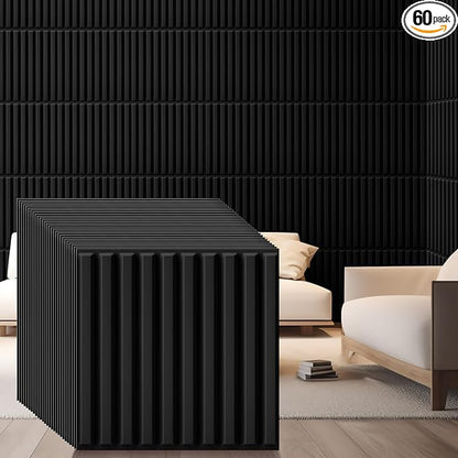 Nuanchu 60 Pcs 3D Wall Panels, 12"x12" PVC Fluted Tiles, Black | Waterproof Accent Panels, Paintable Wall Tiles, for TV Background, Bedroom, Bathroom, Gaming Room, Cuttable Home DIY Decor