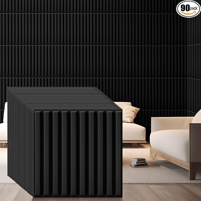 Nuanchu 90 Pcs 3D Wall Panels, 12"x12" PVC Fluted Tiles, Black | Waterproof Accent Panels, Paintable Wall Tiles, for TV Background, Bedroom, Bathroom, Gaming Room, Cuttable Home DIY Decor