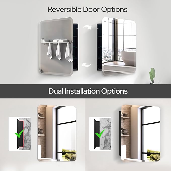 HOUSE REFLECTION 22 x 30 Rectangle Recessed Bathroom Medicine Cabinet – Frameless Beveled Edge Mirror, Adjustable Shelves, Rust Resistant, Durable Wall-Mounted Metal Construction, Black