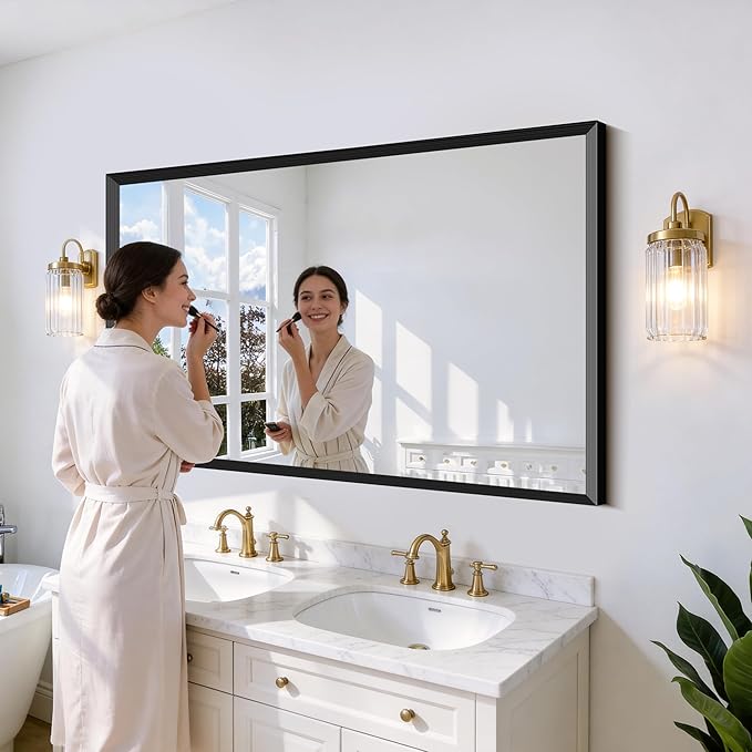 Black Bathroom Mirror 60 x 40 Inch Rectangle Wave Beveled Frame for Wall Bathroom Vanity Mirror for Over Sink, Tempered Glass,for Entryway Hangs, Bathroom Living Room Horizontal or Vertical